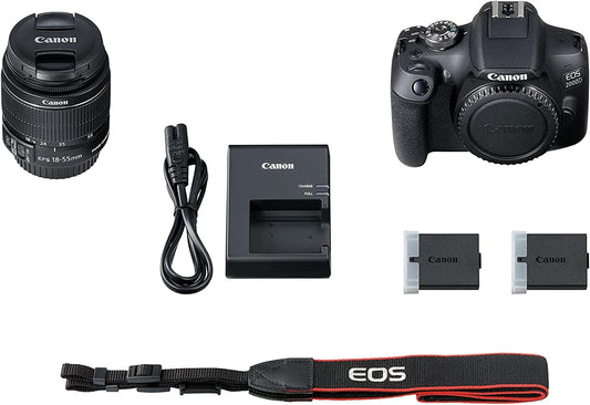 Canon EOS 2000D + EF-S 18-55mm f/3.5-5.6 IS II + seconda batteria aggiuntiva LP E10